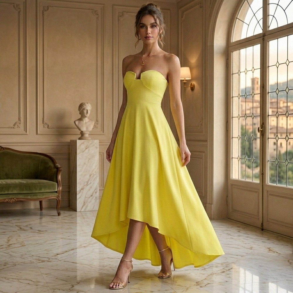 Susana Monaco Yellow Strapless High Low Gown Vista Stretch Dress Large NEW